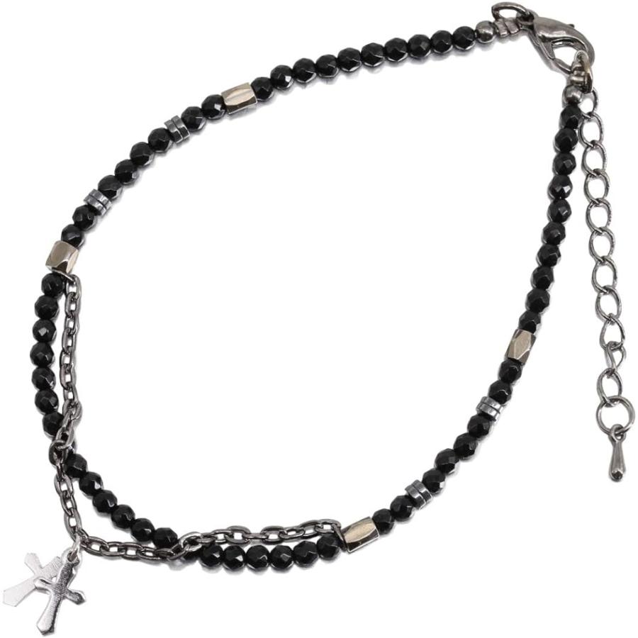 1014円 本格派ま Orris アンクレット ブラック オニキス シルバー ステンレス 人気 ダブル クロス 十字 カッコイイ ミサンガ メンズ