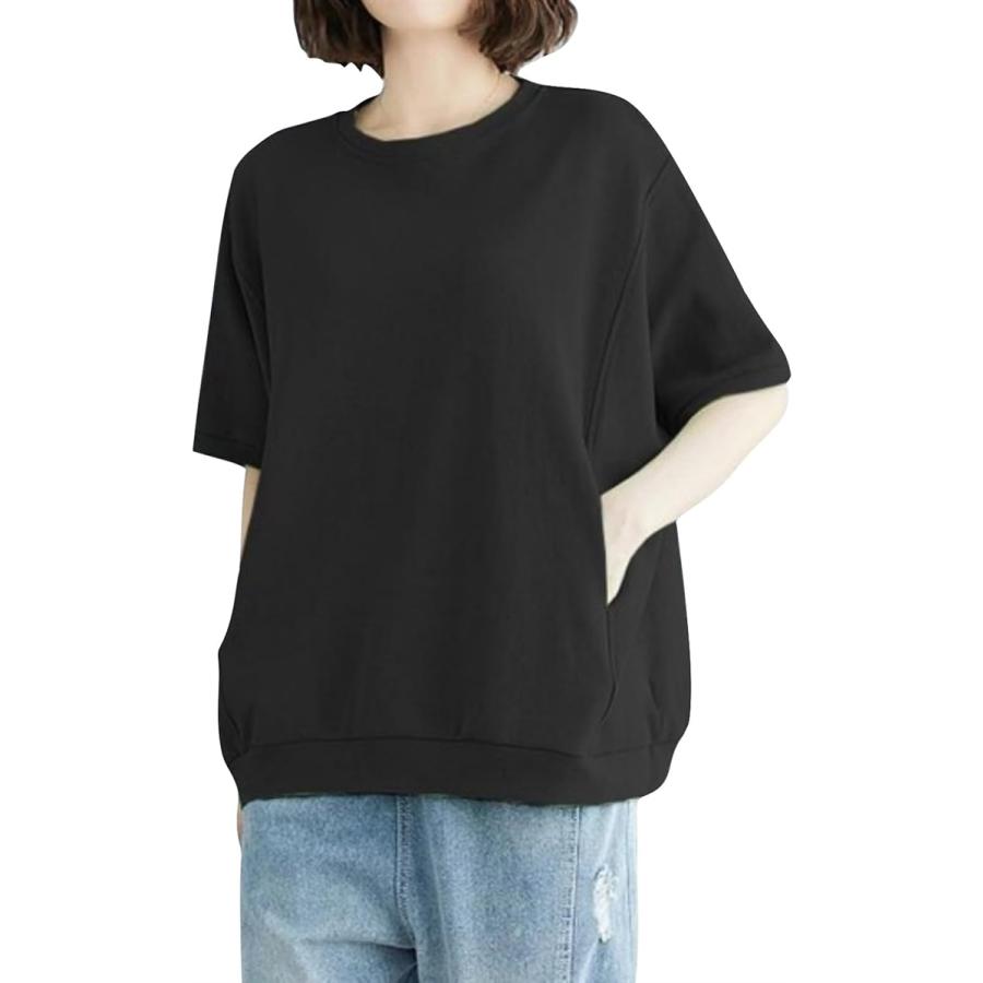 tシャツ レディース 半袖 カットソー (ブラック M)