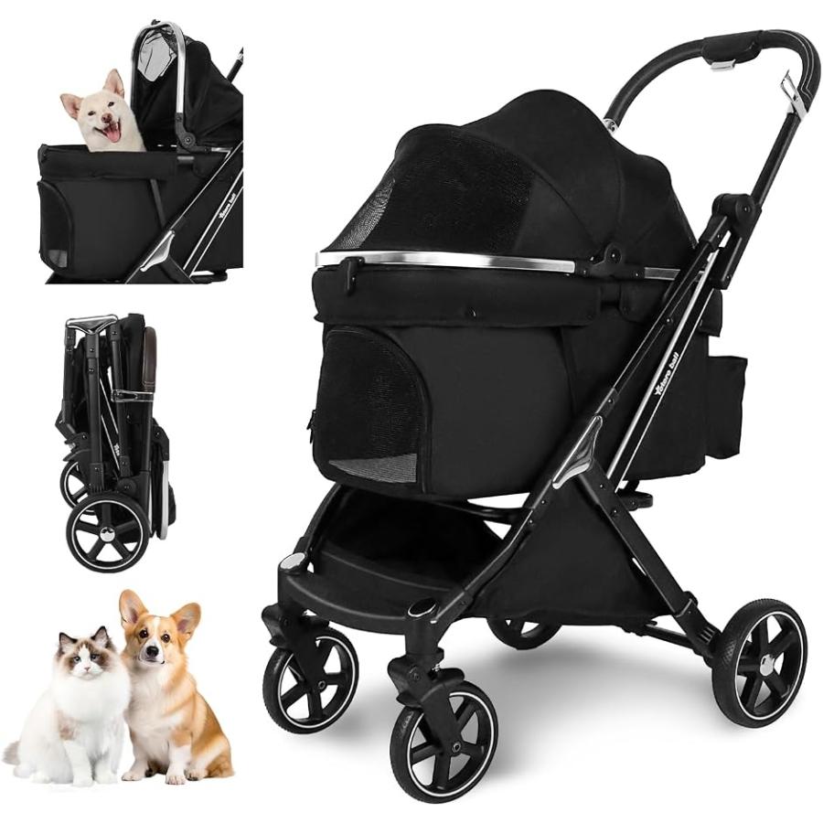 ペットカート 犬 バギー 4輪 犬用カート 中型犬 小型犬2匹 猫 飛び出し防止リード2本付き 耐荷重30Kg 一体型 散歩 (ブラック)