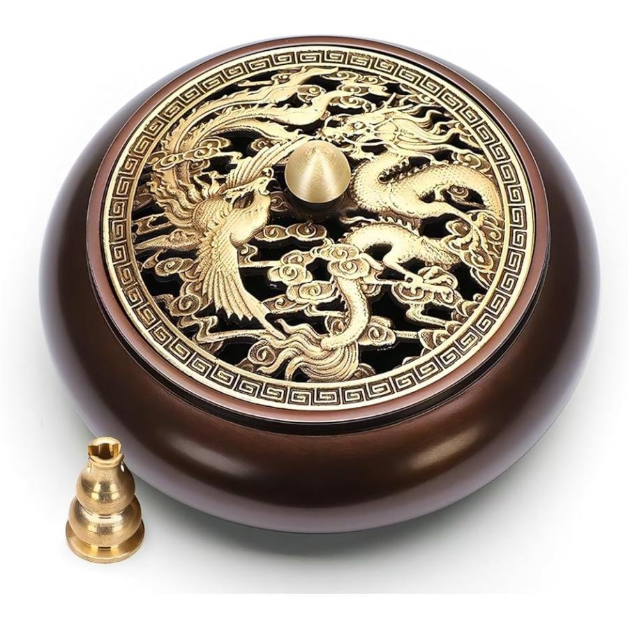 香炉 お香立て 香炉皿 銅製 アンティーク調 お香立て付き 丸型 香露 インテリア おしゃれ (ゴールド (円形 龍 茶色) 小さめ)