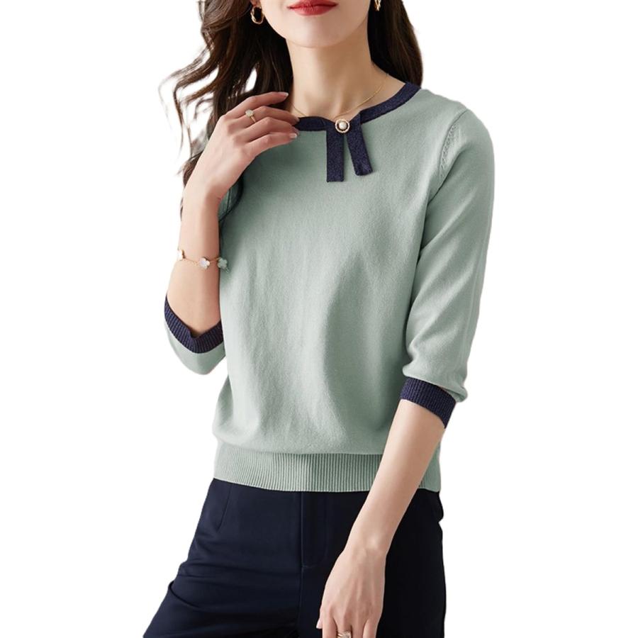 レディース セーター トップス カットソー クルーネック カジュアル バイカラー やわらか 質感 (グリーン Free Size)
