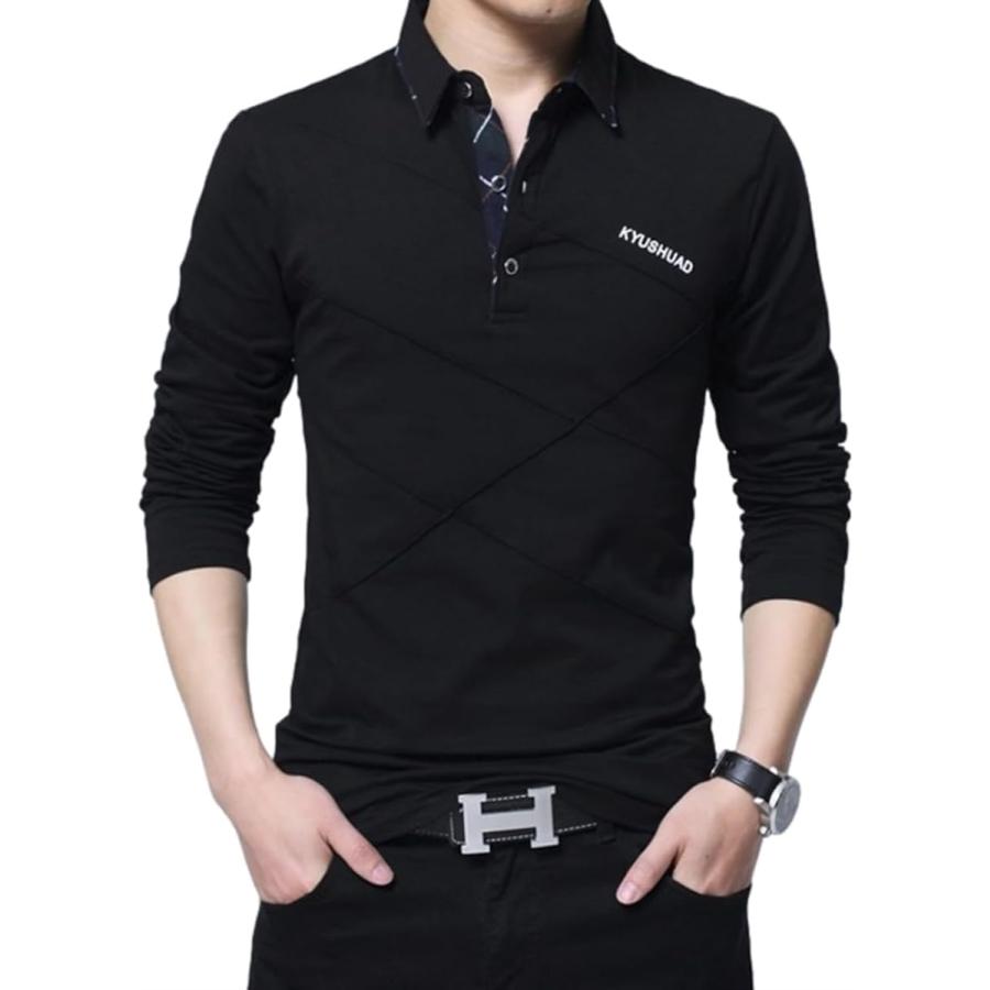 ポロシャツ メンズ 長袖 襟付き トップス おしゃれ 大人 無地 ビジネス カジュアル ゴルフウェア 着心地 (ブラック 2XL)
