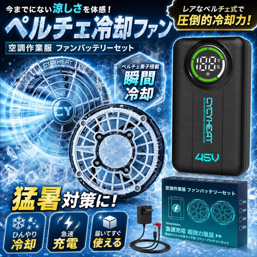 空調作業服 45V バッテリー ファン ペルチェ 冷却プレート 超高出力 MDM (黒,  45v ファンバッテリーセット 冷却プレート 01)