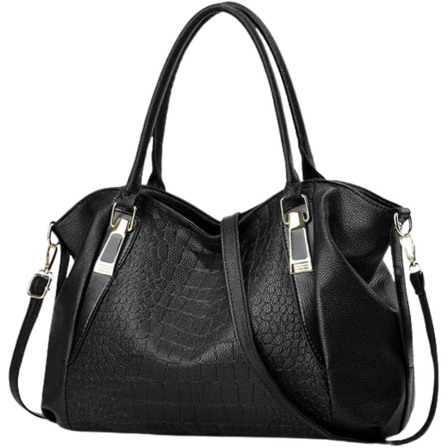 カバン レディース ハンドバッグ レディースバッグ ショルダーバッグ クロコダイル風 大容量 2way 女性 可愛い (ブラック)