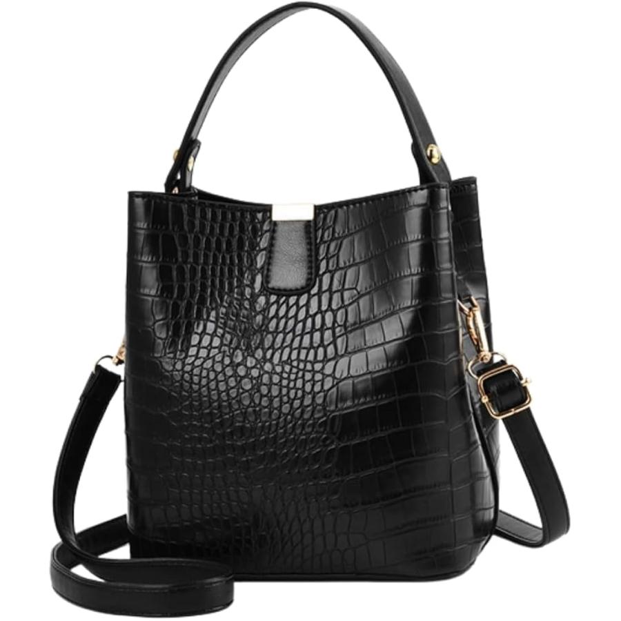ショルダーバッグ カバン レディース 縦型 ハンドバッグ レディースバッグ クロコダイル風 大容量 2way 女性 (ブラック)