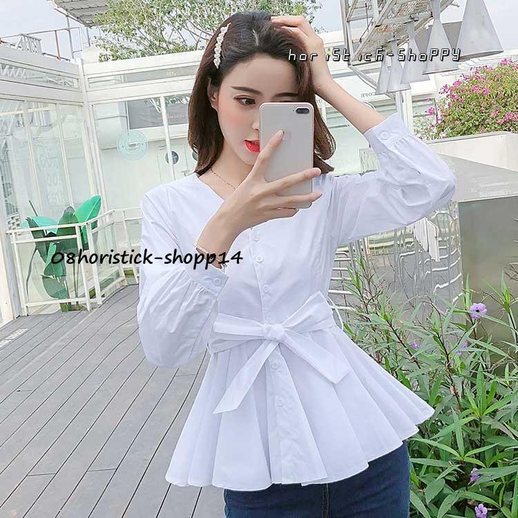 ペプラムブラウス レディース 長袖 Vネック トップス ブラウス