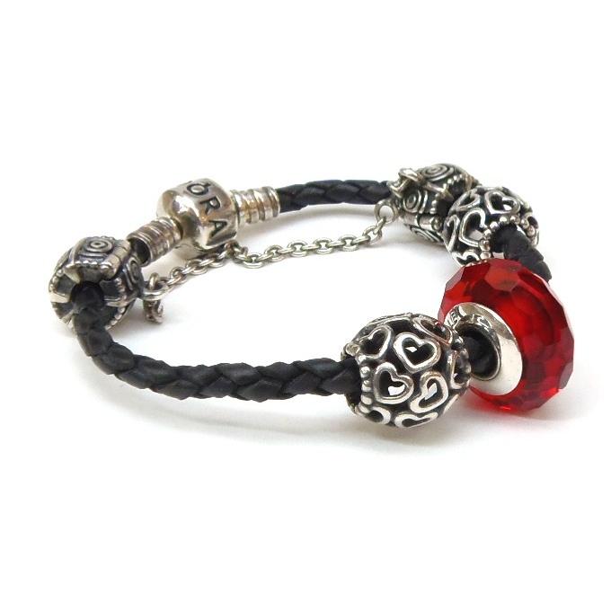 PANDORA（パンドラ） ブレスレット 赤石×黒レザー 17.6g 13.5cm