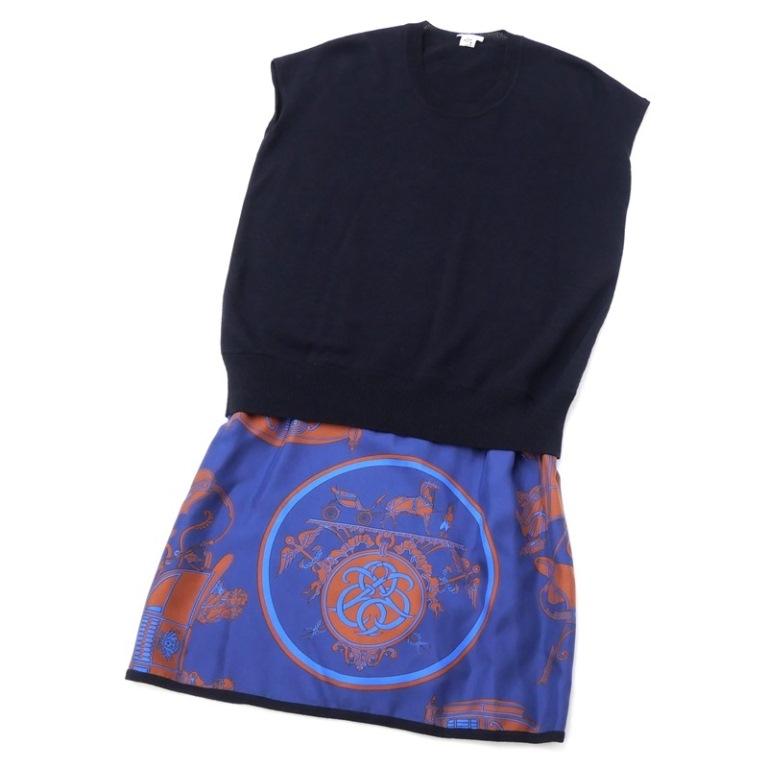 HERMES エルメス 切替ノースリーブニットワンピース 黒×ブルー  