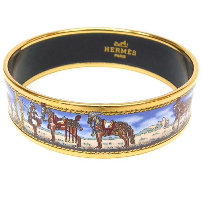 【超美品】エルメス HERMES エマイユ バングルGM 馬柄 ブルー ゴールド HERMES（エルメス） バングル エマイユGM 七宝焼き 馬 ブルー 【中古