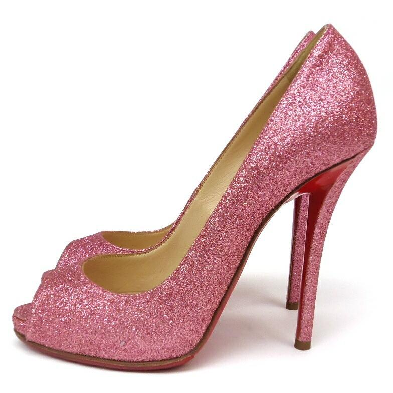 Christian Louboutin ヒールパンプス グリッター オープントゥ ピンクラメ 37 【中古】(58865)｜horita78｜02