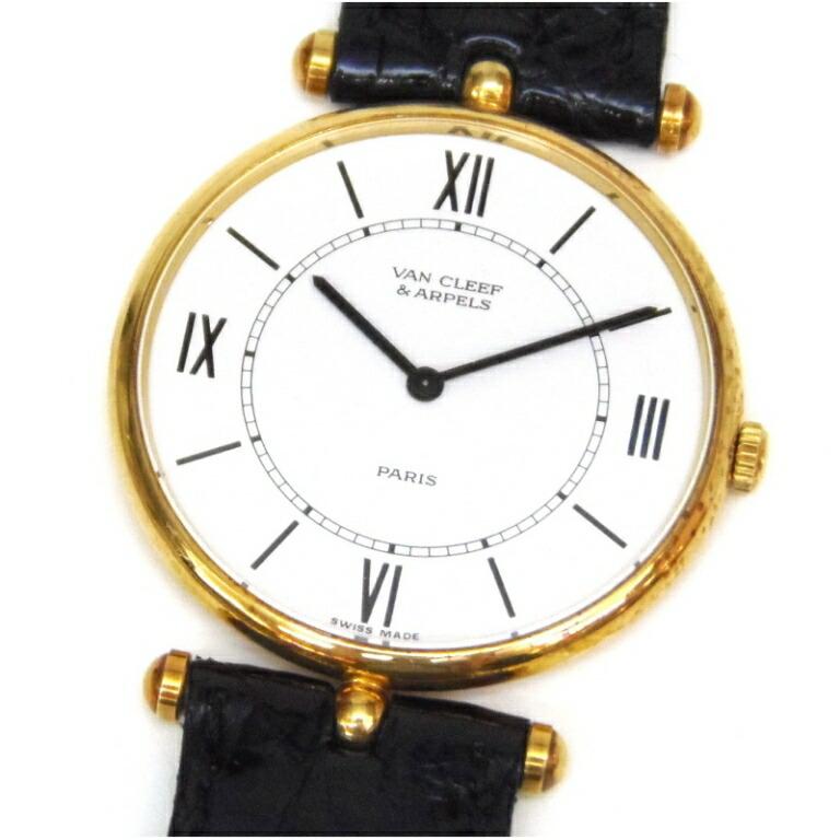 Van Cleef ＆ Arpels 腕時計 クオーツ 黒革ベルト 18101 白盤