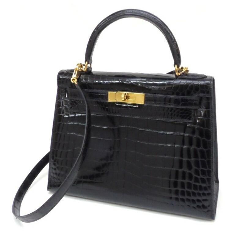 エルメス HERMES ハンドバッグ ケリー28 外縫い G金具 □G刻印 黒 クロコダイル アリゲーター 【中古】(61298) HERMES（エルメス） ハンドバッグ ケリー28 外縫い G金具 □G刻印 黒