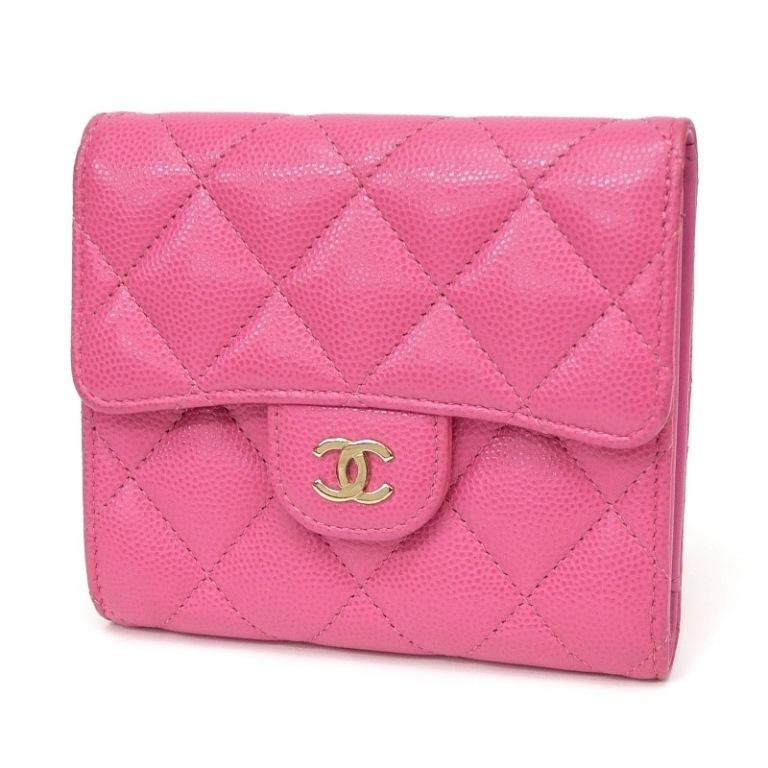 シャネル キャビアスキン スモールフラップウォレット ピンク 三つ折り財布