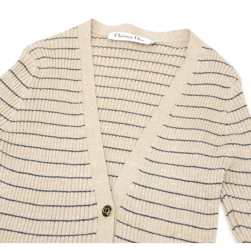 クリスチャン・ディオール Christian Dior リブVネックカーディガン ボーダー 40 ベージュ【中古】(65546) Christian Dior（クリスチャン・ディオール） リブVネックカーディガン