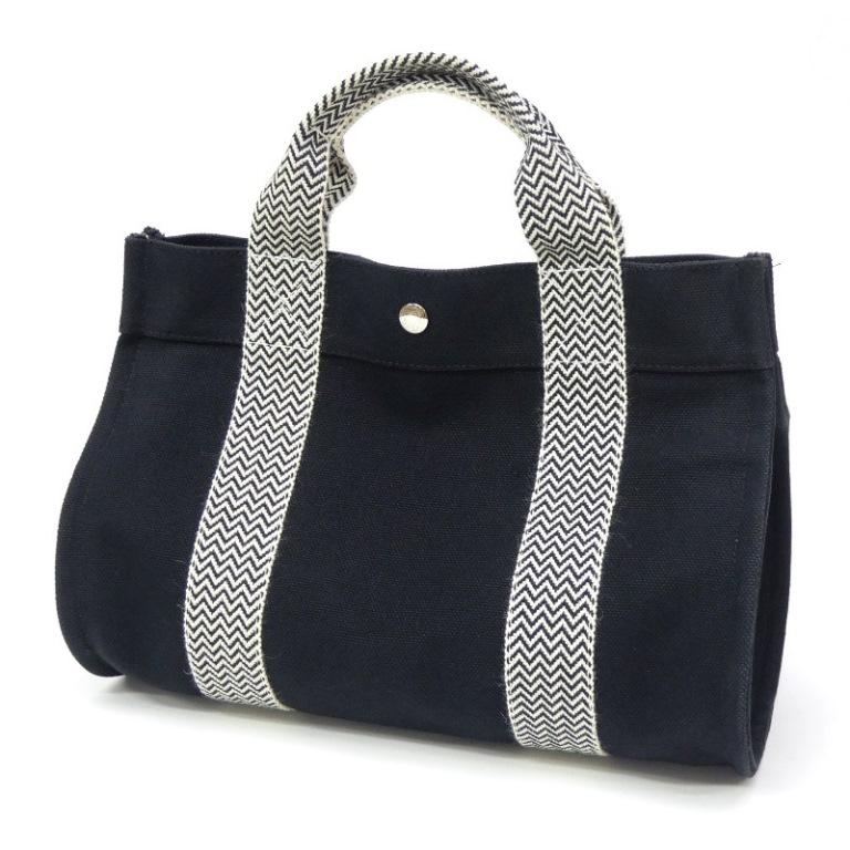 HERMES エルメス トートバッグ カンヌPM 黒×白 キャンバス 【中古  
