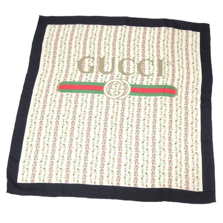 GUCCI（グッチ） スカーフ 花柄 ロゴ 黒 シルク100％ 【中古】(66363