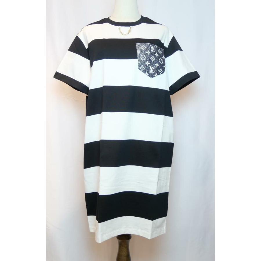 LOUIS VUITTON 高級シルク ワンピース ヴィトン ブラック×ホワイト LOUIS VUITTON（ルイ・ヴィトン） ボーダーTシャツワンピース ネック