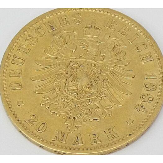 20マルク金貨 1884年 ヴィルヘルム1世 プロイセン 【オオコノハズク】 【中古】(67531)