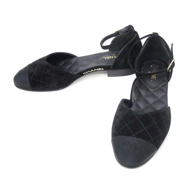 シャネル CHANEL マトラッセ フラットパンプス アンクルストラップ サイドカット 黒 スエード 35.5(69649) CHANEL（シャネル） マトラッセ フラットパンプス アンクルストラップ