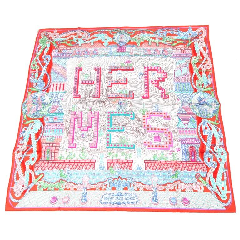 HERMES（エルメス） スカーフ カレ90 スーパー シルク クエスト 赤系