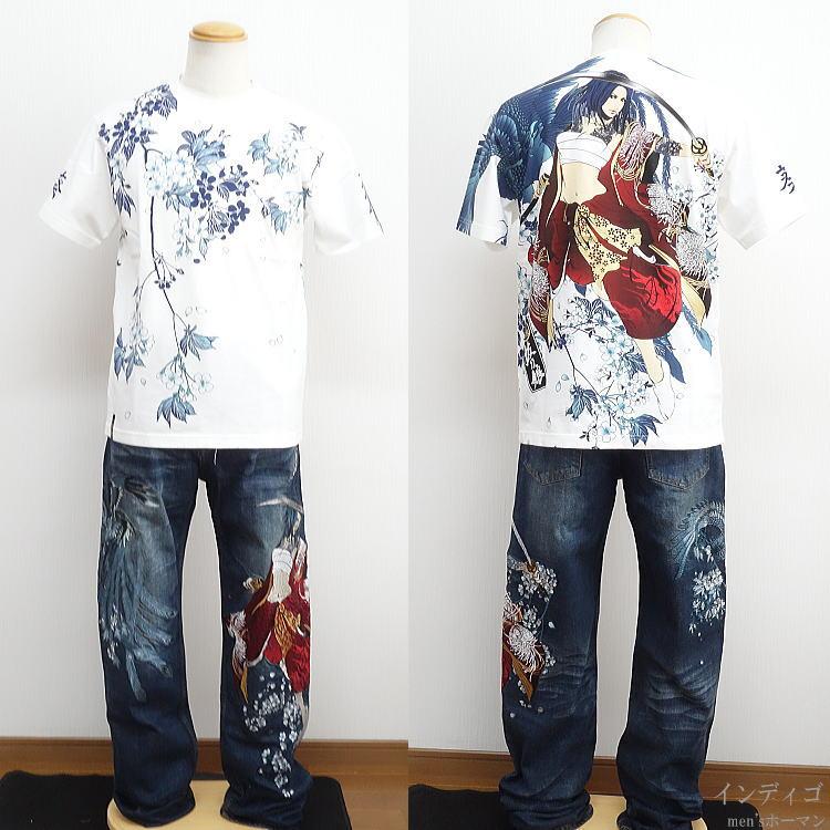 抜刀娘　デニムパンツ　刺繍　和柄　インディゴ　W32 抜刀娘/バットウムスメ 葵刺繍 鸞の精 総刺繍 DENIM PANTS