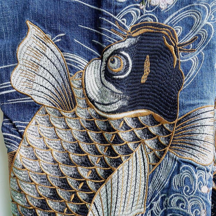 絡繰魂　デニム　総刺繍　昇り龍　ちりめん切り替え　カラクリ　W32 絡繰魂 デニム 総刺繍 昇り龍 ちりめん切り替え カラクリ W32 - メルカリ