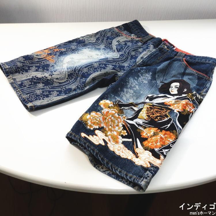 抜刀娘/バットウムスメ 一華闇討ち刺繍 DENIM SHORTS PANTS 生地切替 和柄アメカジ ハーフデニム ジーンズ ショートパンツ インディゴ 32〜34 282252｜horman｜17