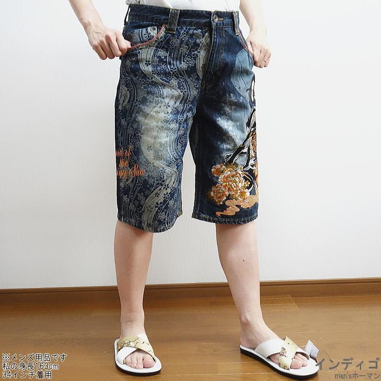 抜刀娘/バットウムスメ 一華闇討ち刺繍 DENIM SHORTS PANTS 生地切替 和柄アメカジ ハーフデニム ジーンズ ショートパンツ インディゴ 32〜34 282252｜horman｜18