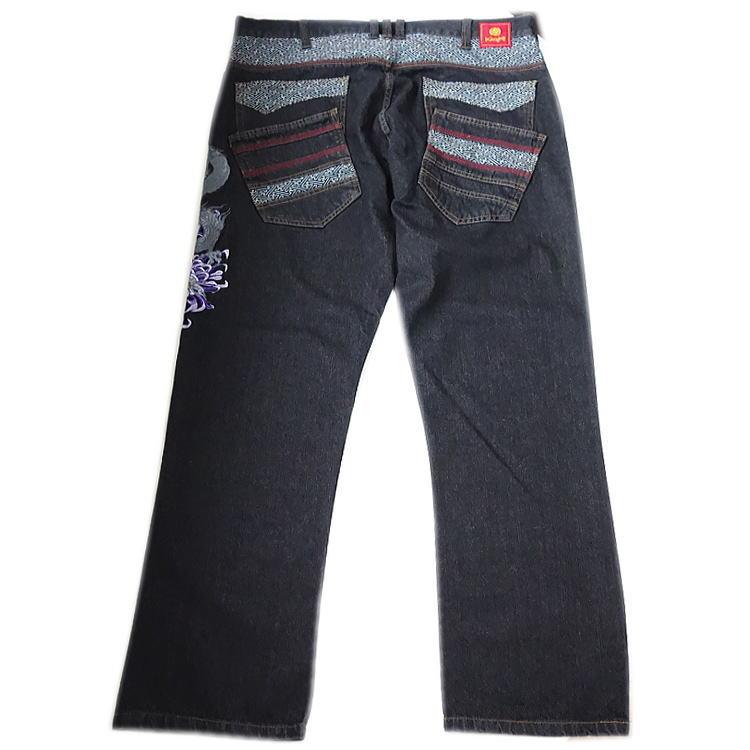 オールシーズン春夏秋冬物 IKAZUCHI/雷 龍柄 紫菊の花 総刺繍 和柄地切替 2連ポケット 波釦 和柄カジュアル デニムパンツ ジーンズ 黒ブラック M/L/XL(LL) 5259 |  | 10