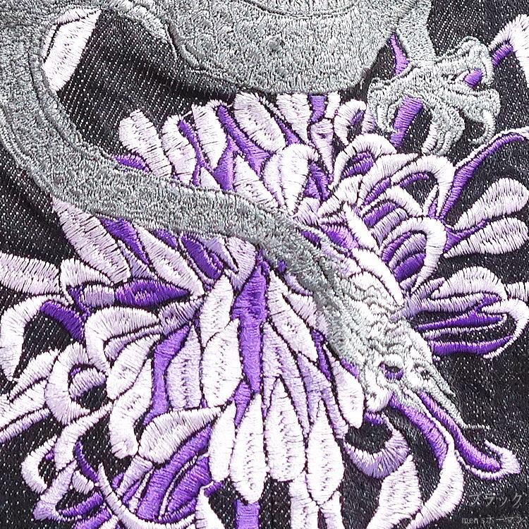 オールシーズン春夏秋冬物 IKAZUCHI/雷 龍柄 紫菊の花 総刺繍 和柄地切替 2連ポケット 波釦 和柄カジュアル デニムパンツ ジーンズ 黒ブラック M/L/XL(LL) 5259 |  | 15