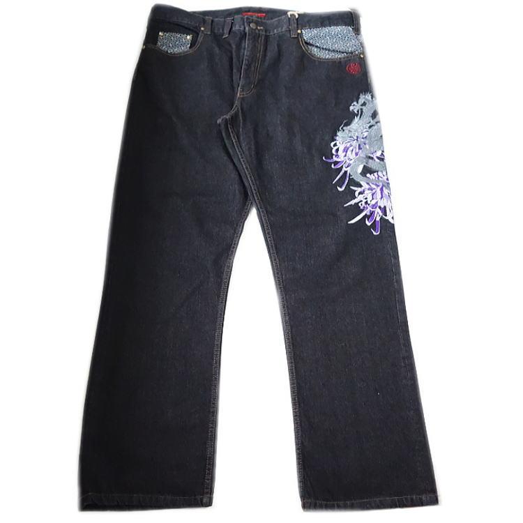 オールシーズン春夏秋冬物 IKAZUCHI/雷 龍柄 紫菊の花 総刺繍 和柄地切替 2連ポケット 波釦 和柄カジュアル デニムパンツ ジーンズ 黒ブラック M/L/XL(LL) 5259 |  | 09