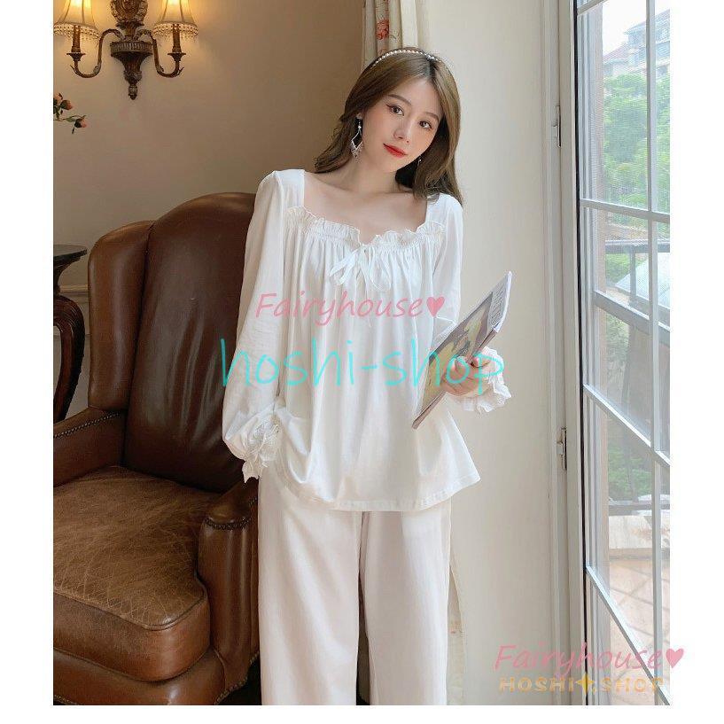 パジャマ レディース 春 秋 長袖ルームウェア 白レースパジャマ 可愛い