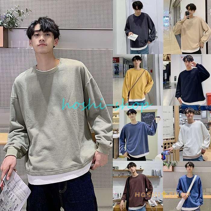 重ね着風 Tシャツ 長袖 レイヤード メンズ 無地 肩落ち ルーズ クルー