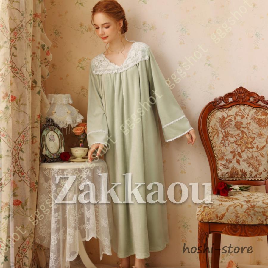 姫系 ネグリジェ 長袖 ロング丈 ワンピース パジャマ Vネック レース