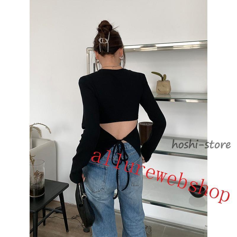 バックリボンタイトトップス背中あきカットソーTシャツ