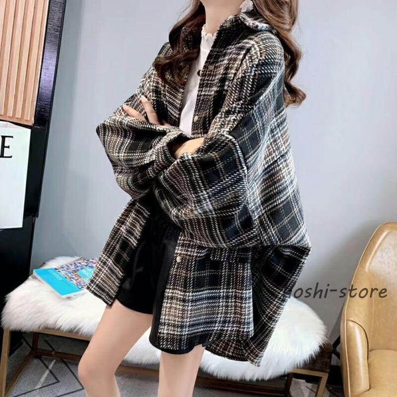 グレーのチェック模様 長袖トップス ネルシャツ チェック柄 シャツ トップス レディース チェック