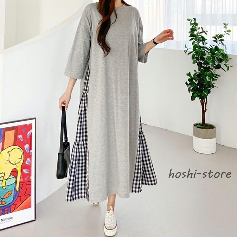 チェック柄 七分袖 膝丈ワンピース Tシャツワンピース ギンガムチェック柄 切替え ドッキング