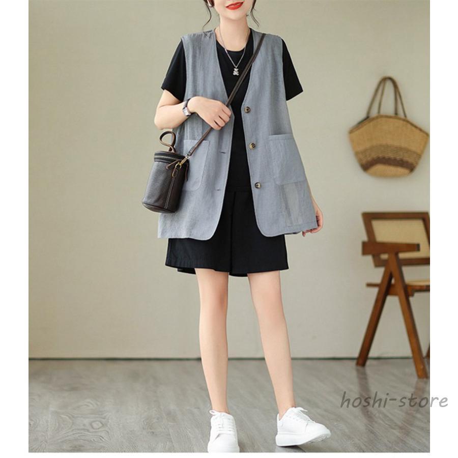 ジレ 春夏 ベスト レディース 前開き フォーマル 夏 綿麻風 綿麻ベスト