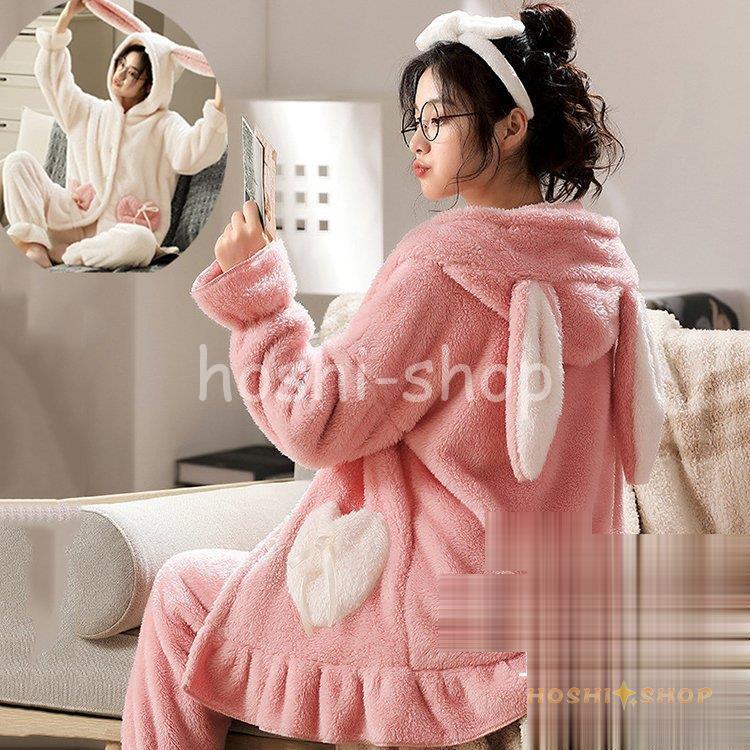 韓版働物のモコモコの寝巻の女の秋装季のかわいいウサギの耳の厚手のモコモコの家E 韓版働物のモコモコの寝巻の女の秋装季のかわいいウサギの耳の