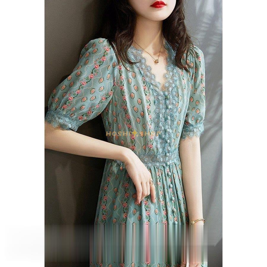 ワンピース レディース 40代 マキシワンピース 春夏新作 半袖ワンピース 花柄 レースvネック パフスリーブ シフォンスカートオシャレ韓国風 大人 上品 30代 人気ブランド