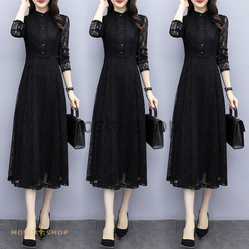 ロングワンピース レディース 40代 秋 ワンピース 黒 長袖ワンピ レース 韓国風 上品 ミモレ丈 通勤 結婚式 大きいサイズ ドレス Ky0914 Op514 星野 通販 Yahoo ショッピング