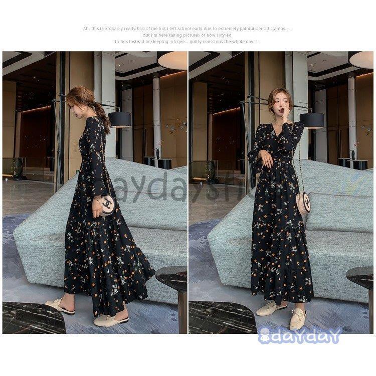 ロングワンピース 春秋シフォン レディース ワンピース花柄 黒 ロングワンピース 春秋シフォン レディース ワンピース花柄 黒