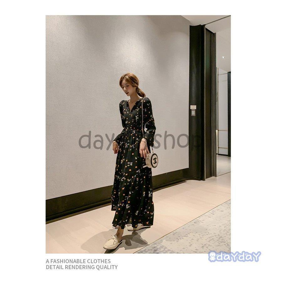 ロングワンピース 春秋シフォン レディース ワンピース花柄 黒 ロングワンピース 春秋シフォン レディース ワンピース花柄 黒