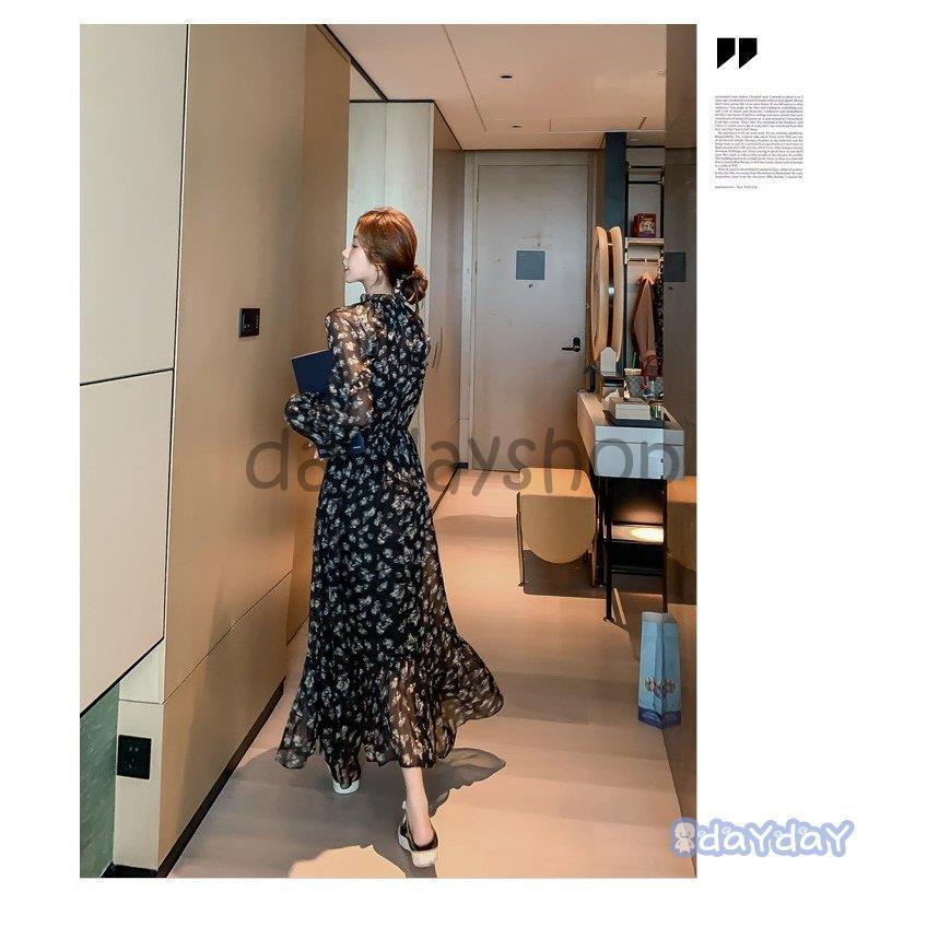 ロングワンピース 春秋シフォン レディース ワンピース花柄 黒 ロングワンピース 春秋シフォン レディース ワンピース花柄 黒
