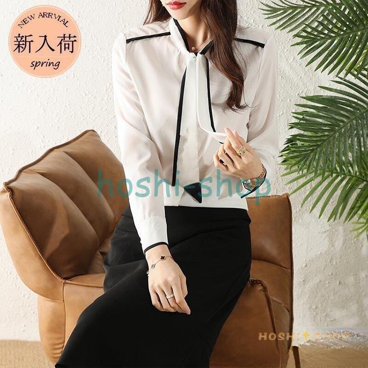 ブラウス レディース きれいめ 40代 春夏秋新作 オシャレブラウス 白シャツ 配色 シャツ リボンネック 長袖トップス 大人 通勤 30代 50代 L6ljpr3tvr ファッション Www Robotnature Com