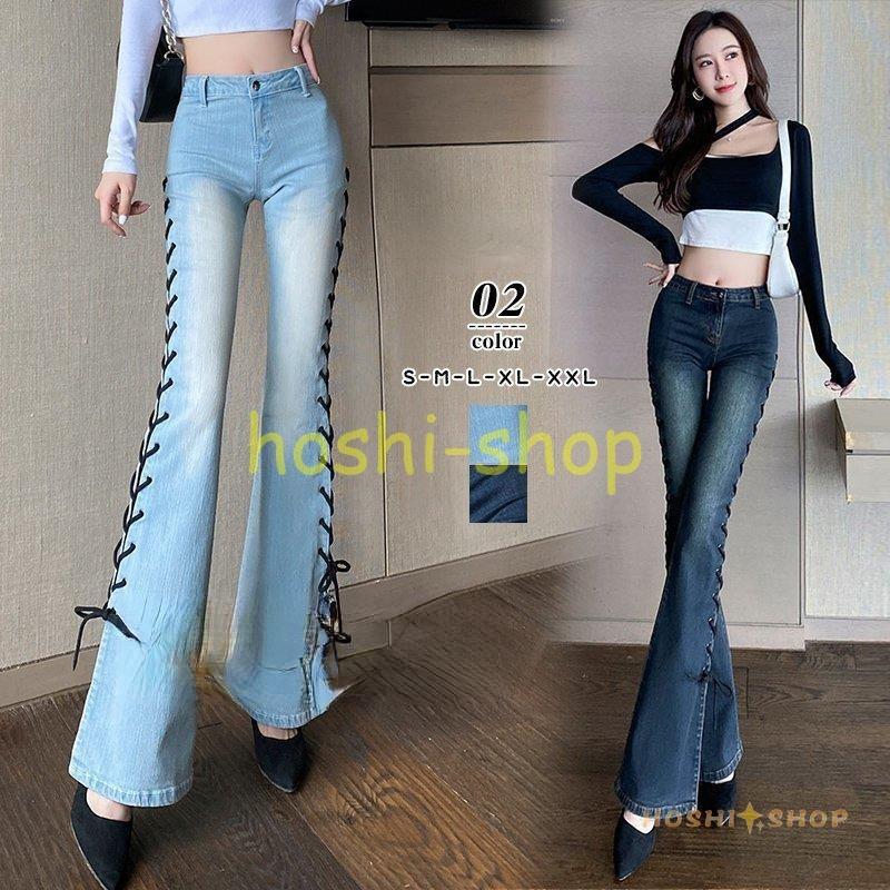 一番の ブーツカット デニムパンツ レディース フレア ロング丈 カットオフ ストレッチ ハイウェスト コーデ ジーンズ 美脚パンツ 脚長 新作 スリット 代30代40代 フレアパンツ カラー ダークブルー 画像参考 Www We Job Com