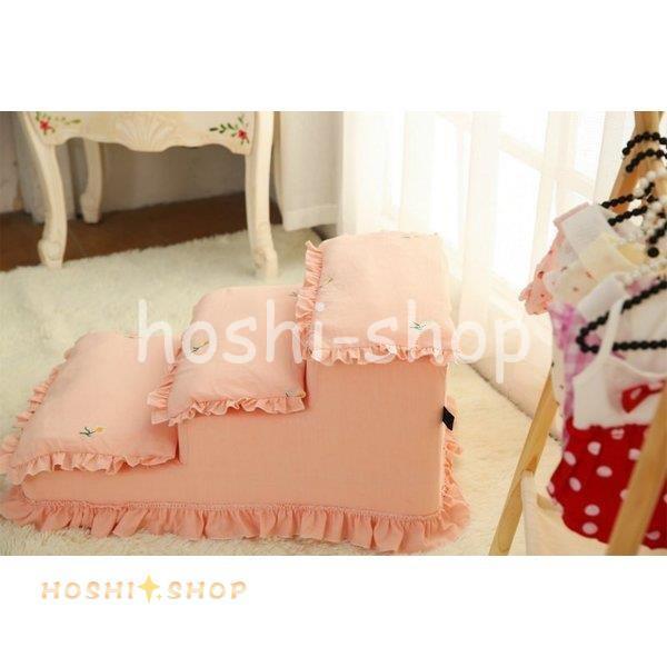 ペット 犬 猫 階段 ステップ 段差移動 補助階段 柔らかい クッション 3段 無地 チェック柄 ドット柄 フリル 花柄 レース ドッグ キャット ホワイト ペット用品