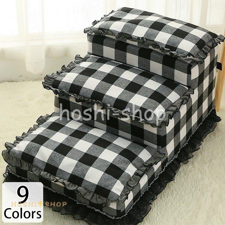 ペット 犬 猫 階段 ステップ 段差移動 補助階段 柔らかい クッション 3段 無地 チェック柄 ドット柄 フリル 花柄 レース ドッグ キャット ホワイト ペット用品