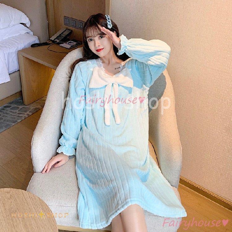 ネグリジェ 冬 長袖ワンピース フランネル リボンネグリジェ ロング