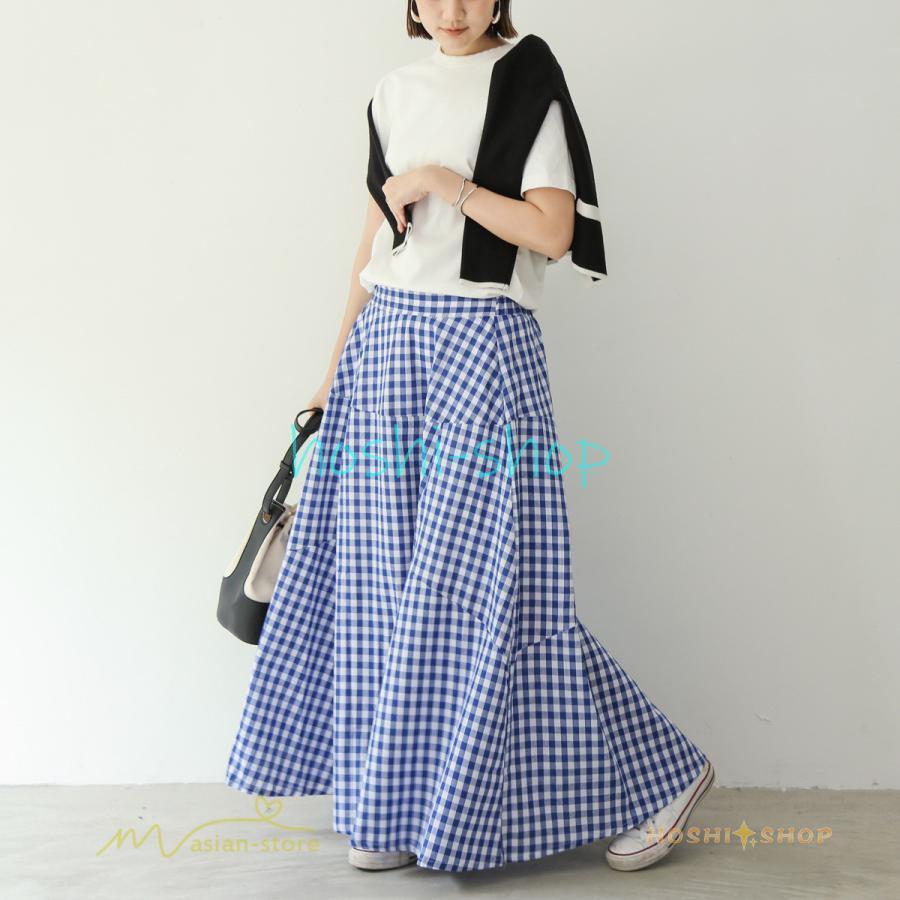 ロングスカート 夏新作 フレアスカート 切り替え チェック柄 20代30代